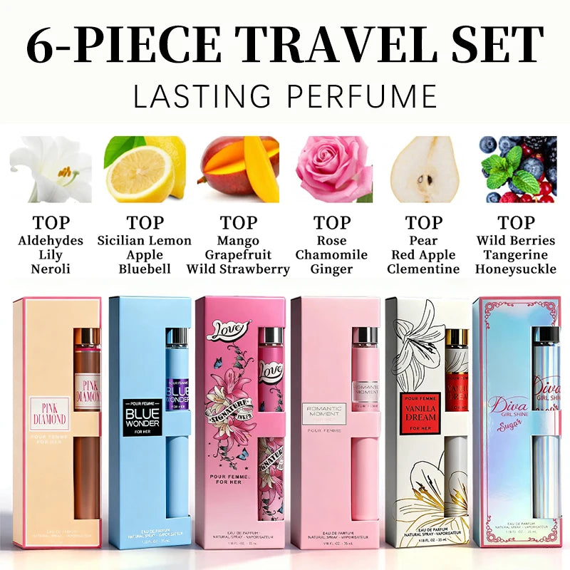 6-Piece Travel Set, Men's and Women's Eau De Toilette Spray, Long-Lasting Fragrance, 6 Different Flavors, Perfect for Holiday Gift
