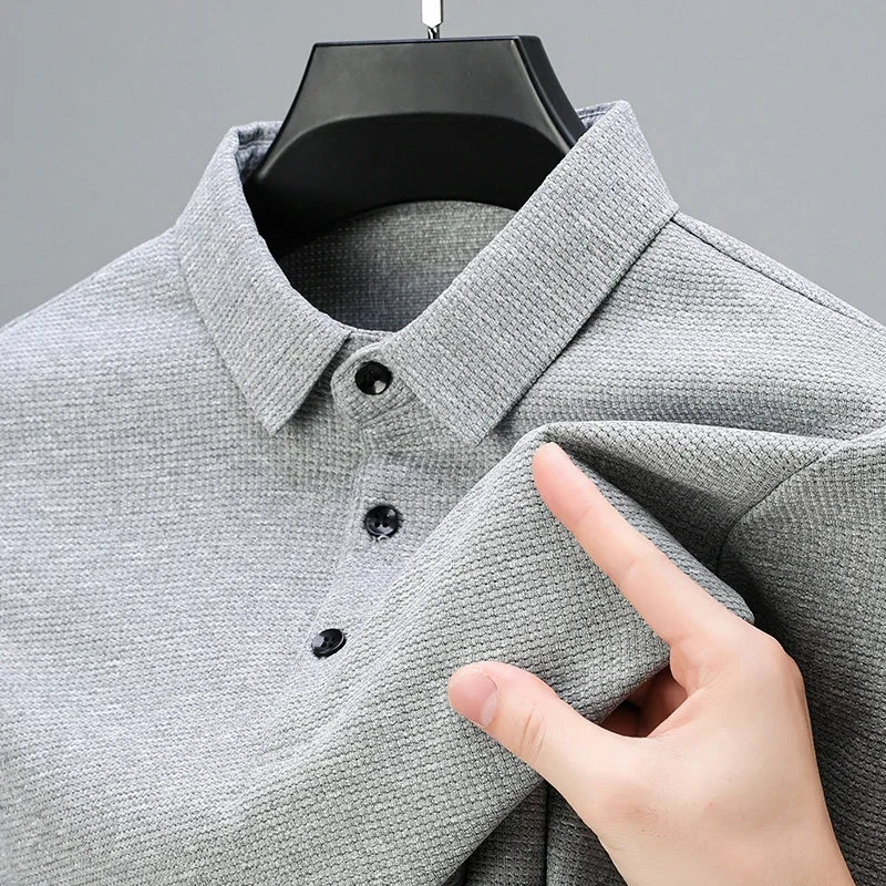 Men's Long Sleeve Polo Shirt - Solid Color Knit Casual Top