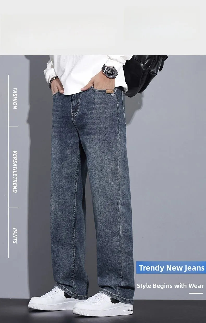 Black Casual Elastic Wide Leg Jeans Men's Loose Straight Fit Jeans Trendy Autumn Winter Long Pants Korean Style Basic Model