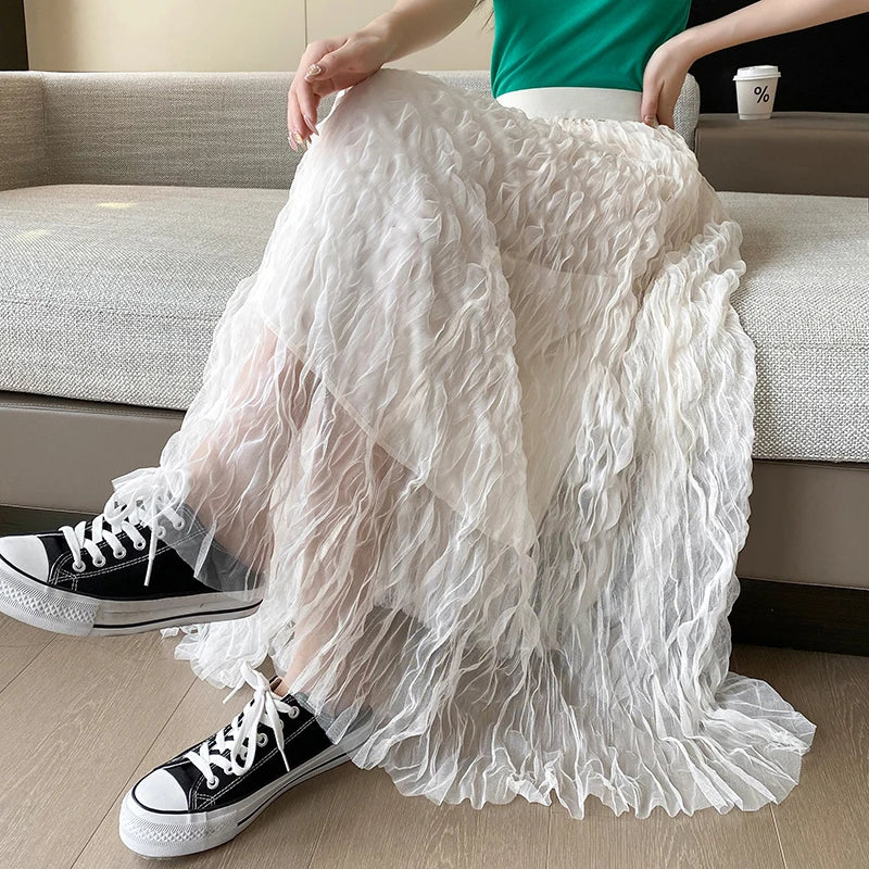 Elegant Pleated Midi Skirt, High Waist A-Line Flowy Maxi Skirts for Women, Soft Draping Skirt, Fairy Skirt for Spring Summer