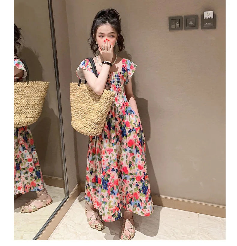 Girls floral dress summer dress children's summer thin princess dress older children girls skirt