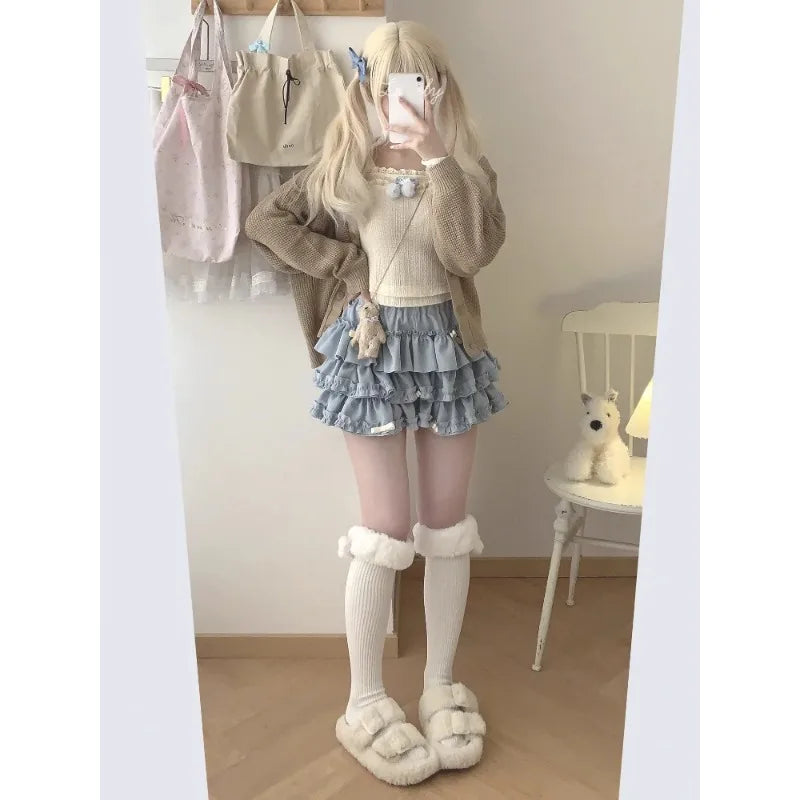 Y2K Sweet Ruffles Mini Skirt Women Kawaii Lolita Bow A Line Skirts Harajuku Japanese Cute High Waist Pink Blue Cake Skirt