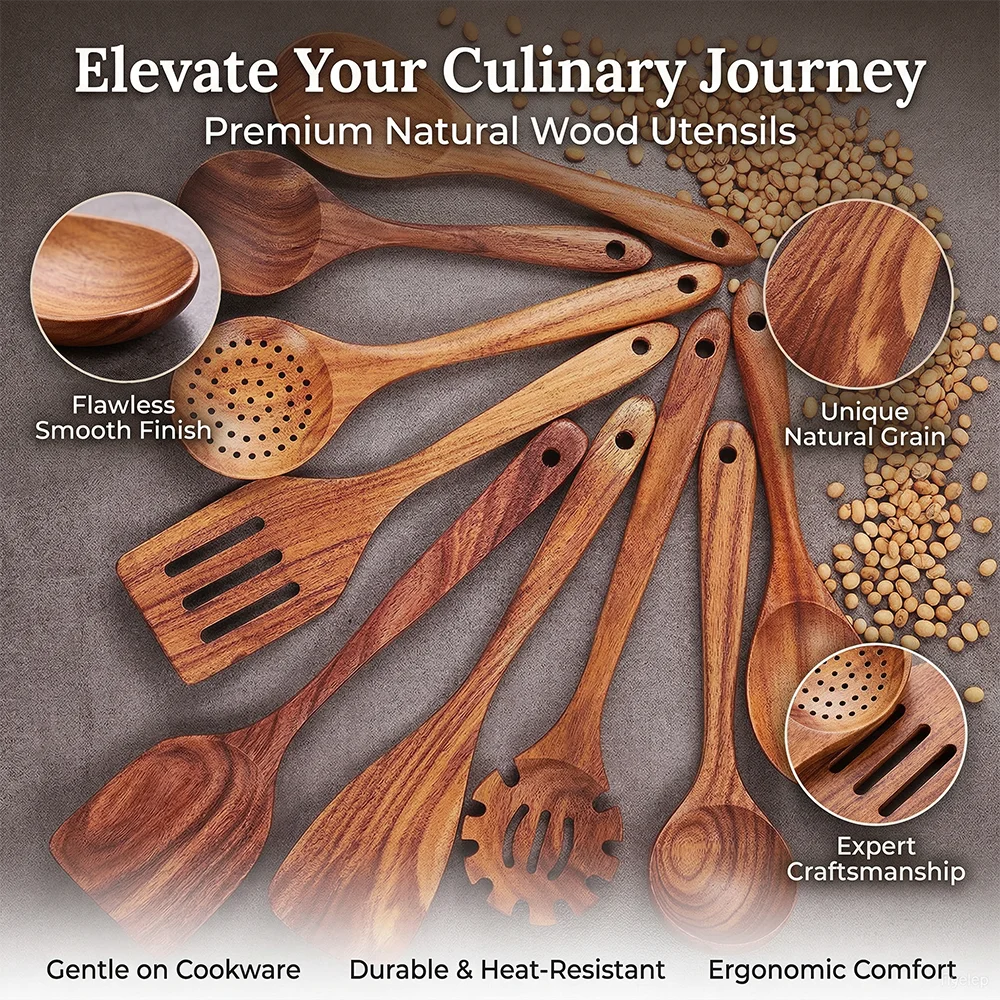 10pcs Wooden Spoons For Cooking Wooden Utensils For Cooking Teak Wooden Kitchen Utensils Set