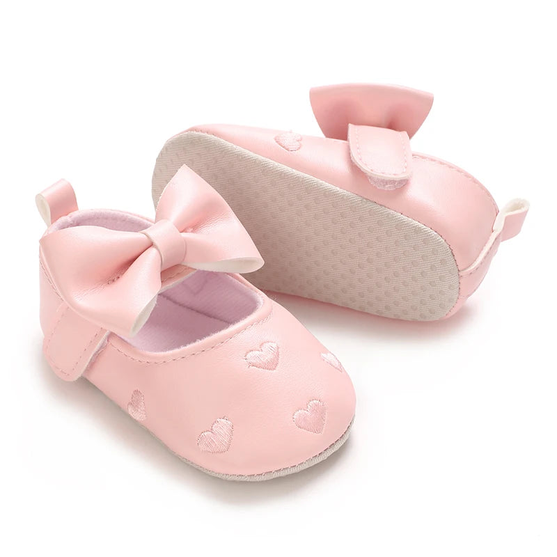 Baby Girl Classic Dress Shoes 0-18M Cute Bow Knot Heart First Walkers Soft Sole Comfortable Newborn Infant