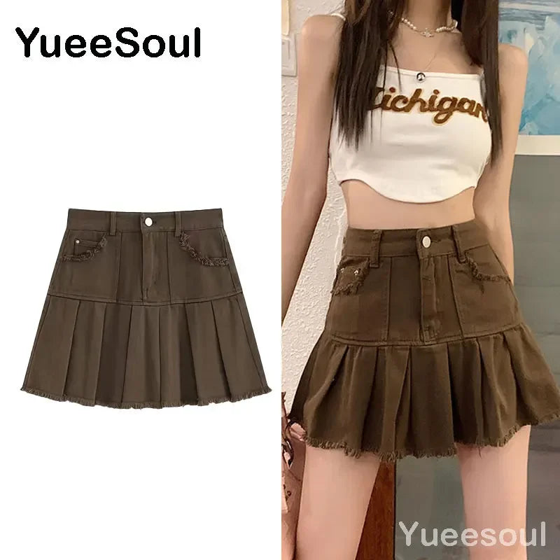 Brown Mini Skirts 2023 New Y2K Vintage High Waist Women Pleated Skirt Chic Sweet Cute Preppy Style Casual 90s E Girl Dance Skirt