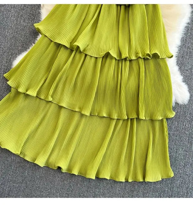 Beach Vaion Vintage Women's V-ne High-waist Cake Dr Ele Aosphere Maxi Skirt Loose Fit ort Sve Ci Commute