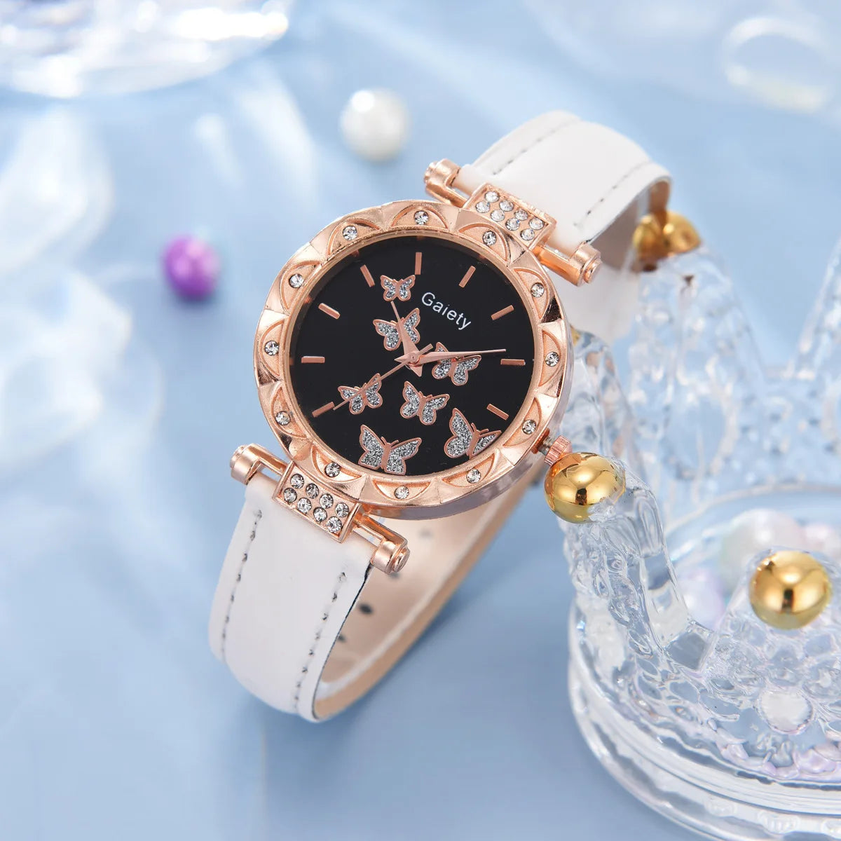Butterfly Jewelry Set For Women Elegant Leather Watch Ring Necklace Earrings Bracelet Wedding Gift