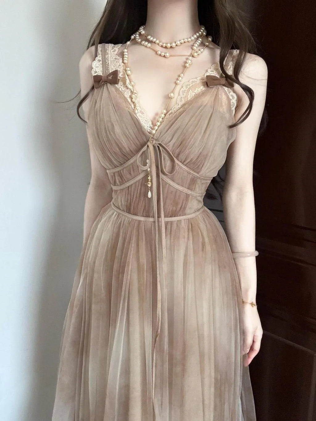 Chunshan Yuan Dai Lace Sleeveless Dress Net Collar Women's Summer New Style Casual Long Sleeve Dress with Inner Lace Shirt