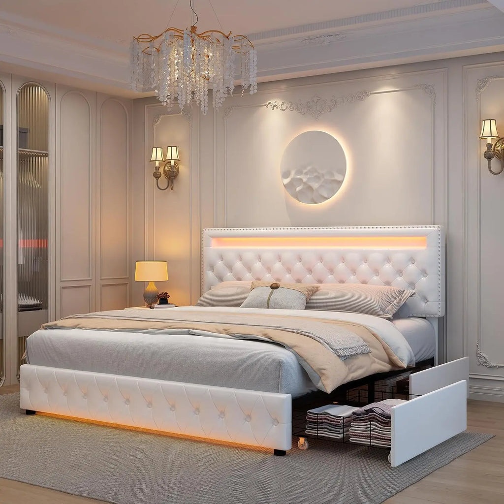 Bed Frame, Adjustable LED Headboard, Remote & App Control Lights,Plush Upholstered Platform with Silver Nailhead Trim,Customized