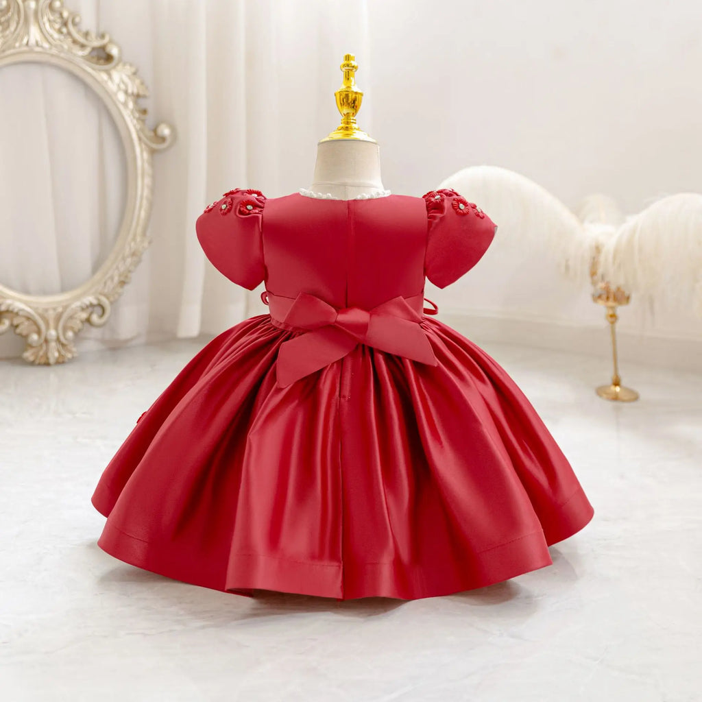 HETISO Baby Girls Dress Ribbon Bow Newborn Princess Party Ball Gown Satin Pearls Kids 1 Years Birthday Wedding Costume