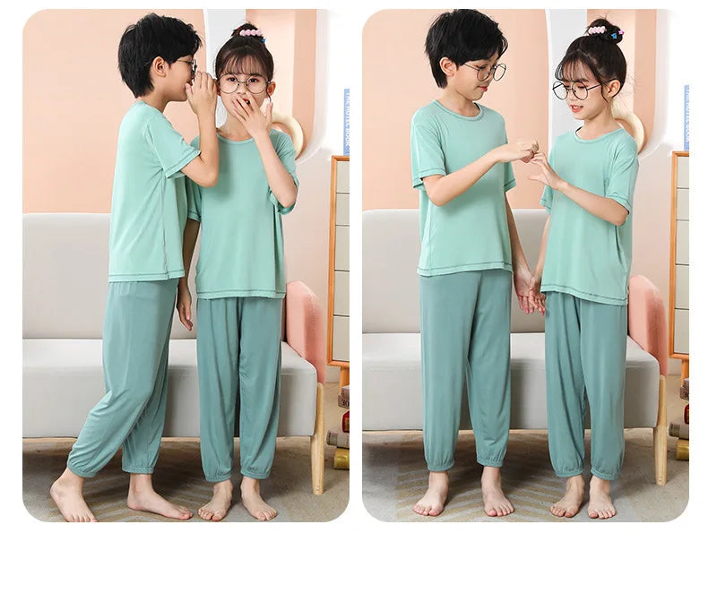 Teenage Boy Pajamas Summer Girl Short Sleeve Children's Clothing Sleepwear Silk Cotton Pyjamas Sets For Kids 4 8 9 12 13 14Years