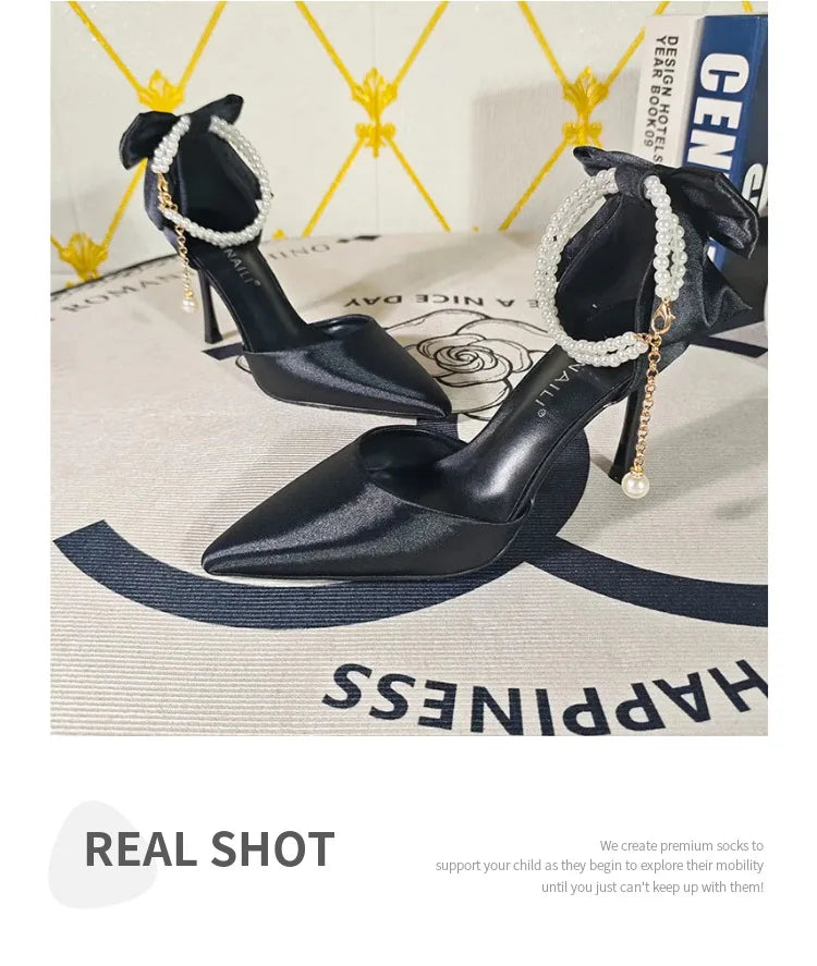 Plus 33-42 Pearl Ankle Strap Bow Heels Stiletto High Heels Women Pumps Wedding Shoes Bride Ladies Party Prom Closed-toe Sandals