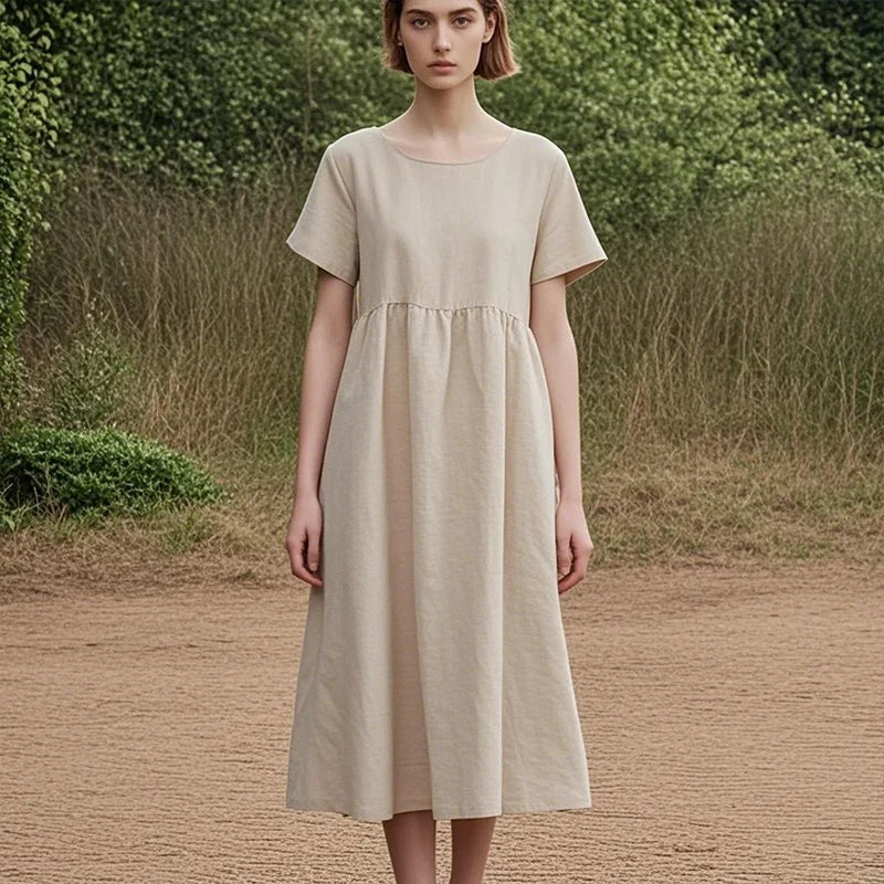 Women Cotton Linen Midi Dresses Summer Chic Female Vestidos Loose A-Line Dress Short Puffy Sleeve Casual Sundress