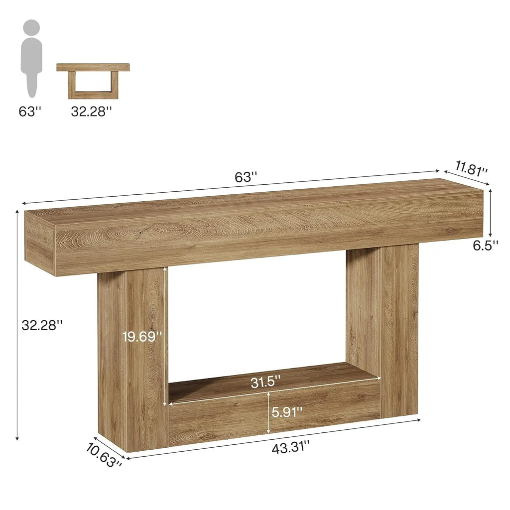 Farmhouse 2-Tier Console Table with U-Base, Narrow Long Wood Sofa Table for Entryway Living Room Hallway, 63", Customized