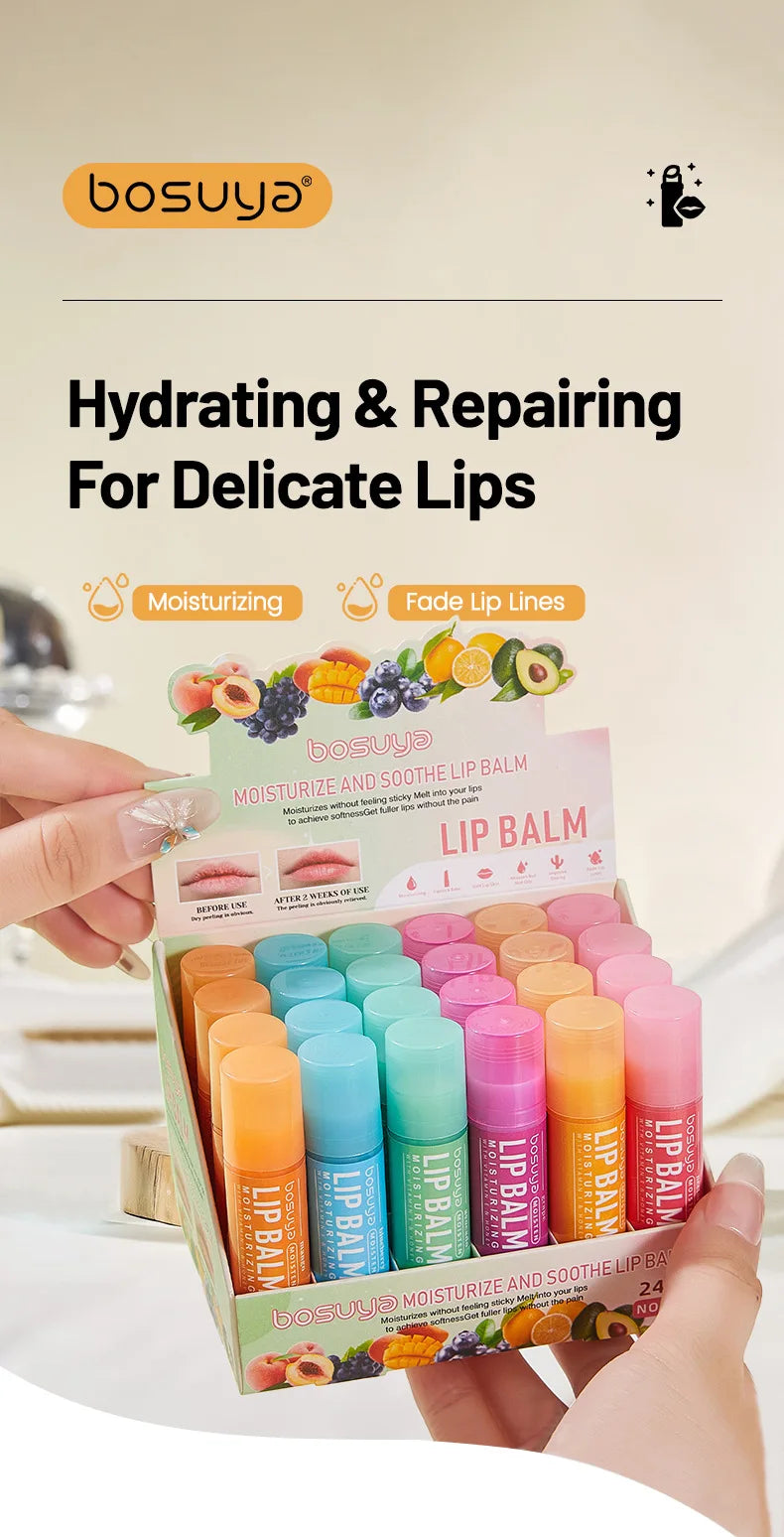 24Pcs Fruit Series Lip Balm Set Honey Grape Avocado Moisturizing Repair Anti-Cracked Non-sticky Lip Balm for Lips Skin Care