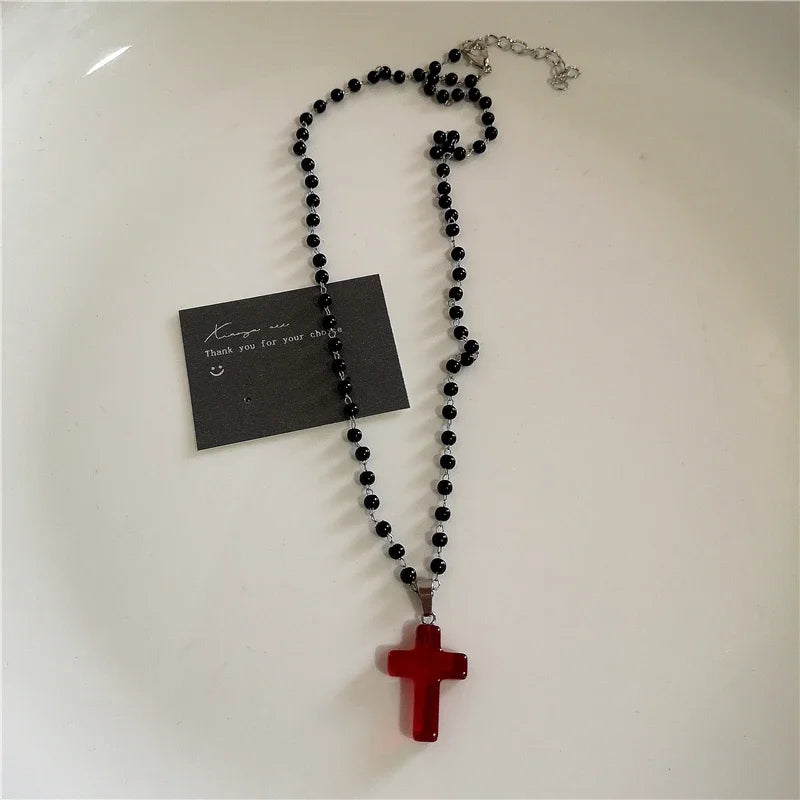 Punk Gothic Red Glass Cross Heart Pendant Pearl Necklace For Women'S Men Hip Hop Y2K 90S Short Choker Charms Jewelry Accessories