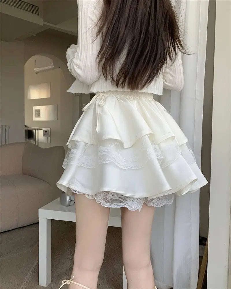 White Mini Skirts Women Lace Patchwork Sweet Ball Gown Sexy French Style Ruched Ruffled High Waist Summer Layered Romantic Gril