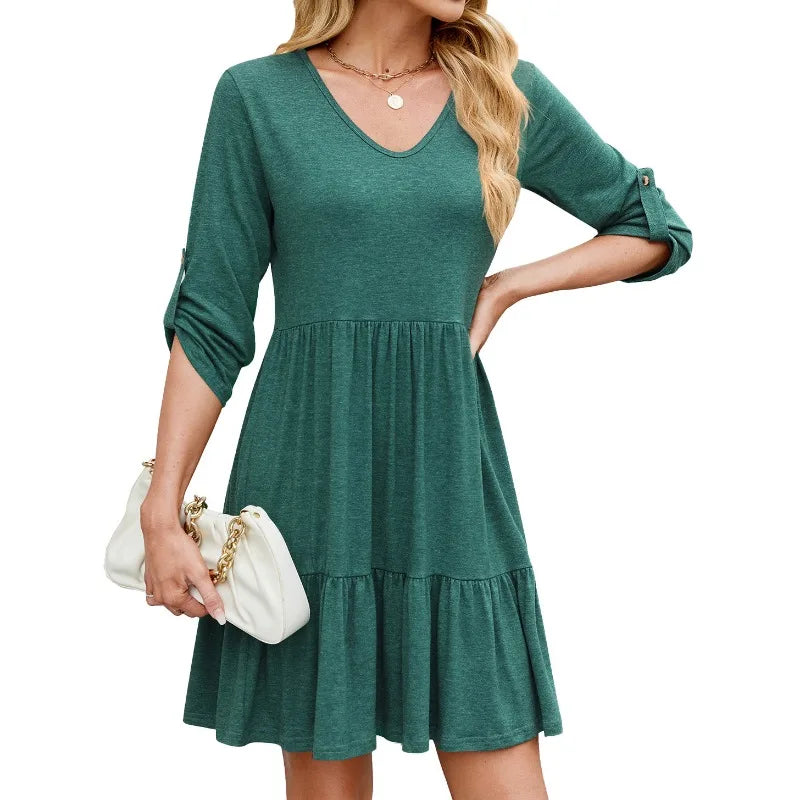 Women Spring Summer Loose 3/4 Sleeve V-Neck Ruched Ruffled Flowy Midi Dress EU US