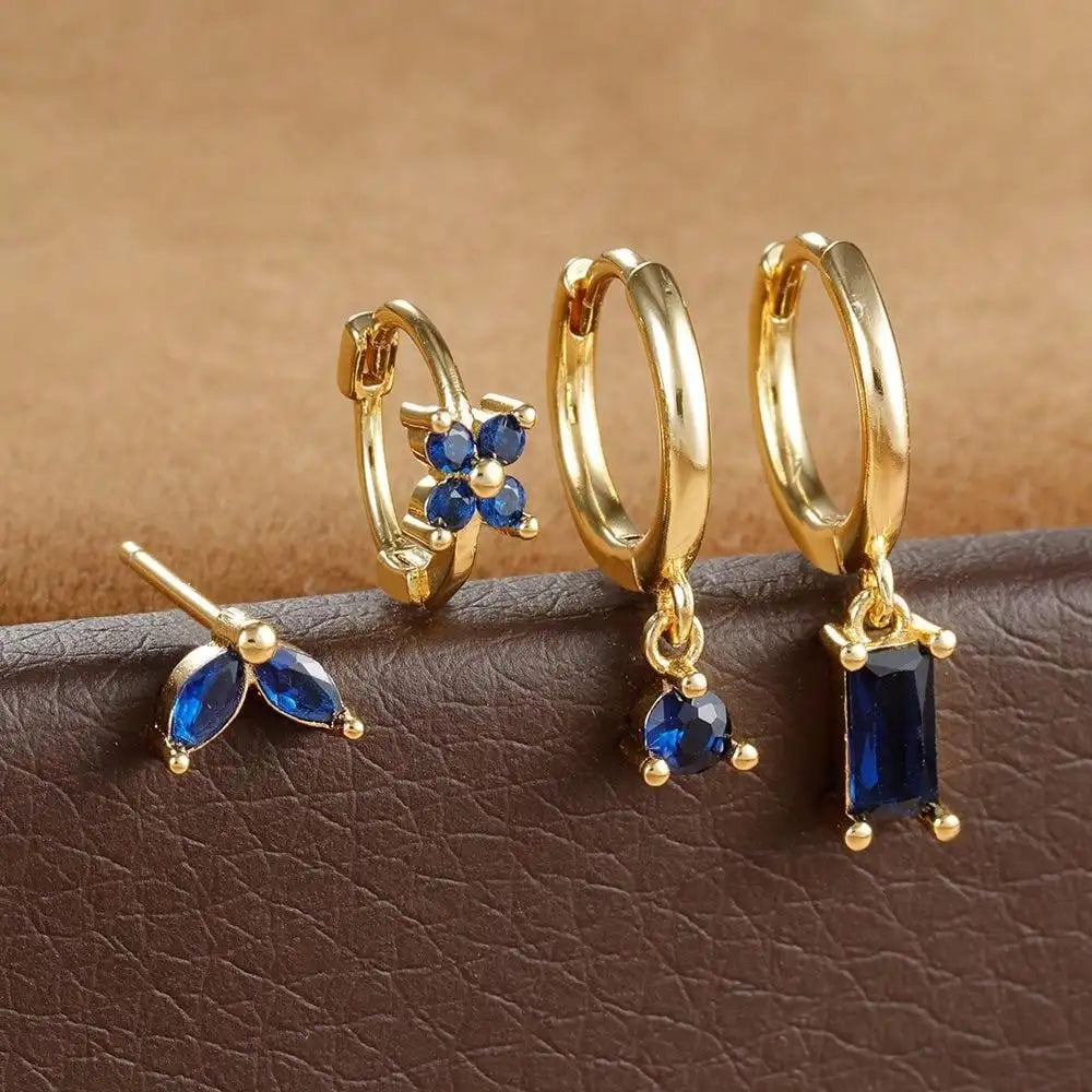 Cubic Zirconia Flower Hoop Earrings 4 Piece Set 18K Gold Plated Stainless Steel For Women