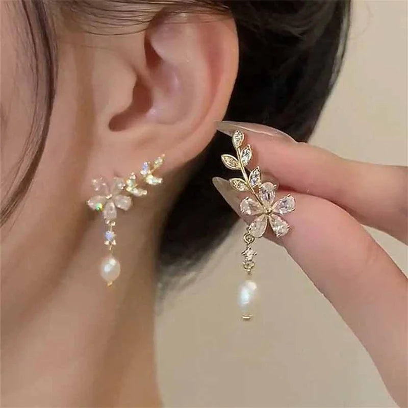 Exquisite Leaves Crystal Flower Stud Earrings For Women'S Aaa Zircon Rose Butterfly Tassel Earring Bride Wedding Jewelry