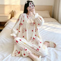 Kawaii Bear Strawberry Print Women Pajamas, Long Sleeve Lace Neck Loose Sleep Set, Casual Daily Home Loungewea