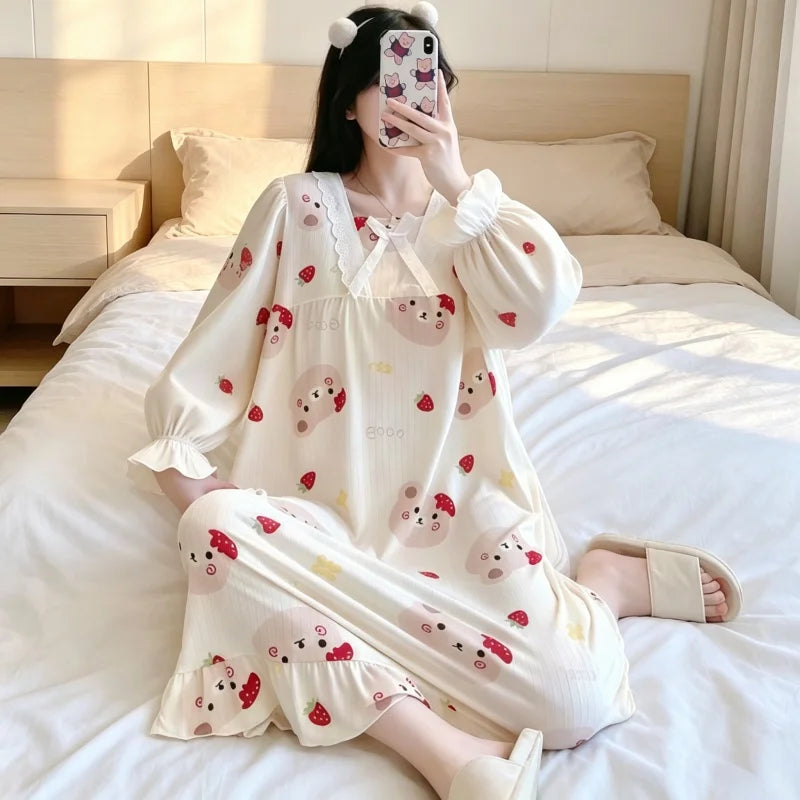 Kawaii Bear Strawberry Print Women Pajamas, Long Sleeve Lace Neck Loose Sleep Set, Casual Daily Home Loungewea