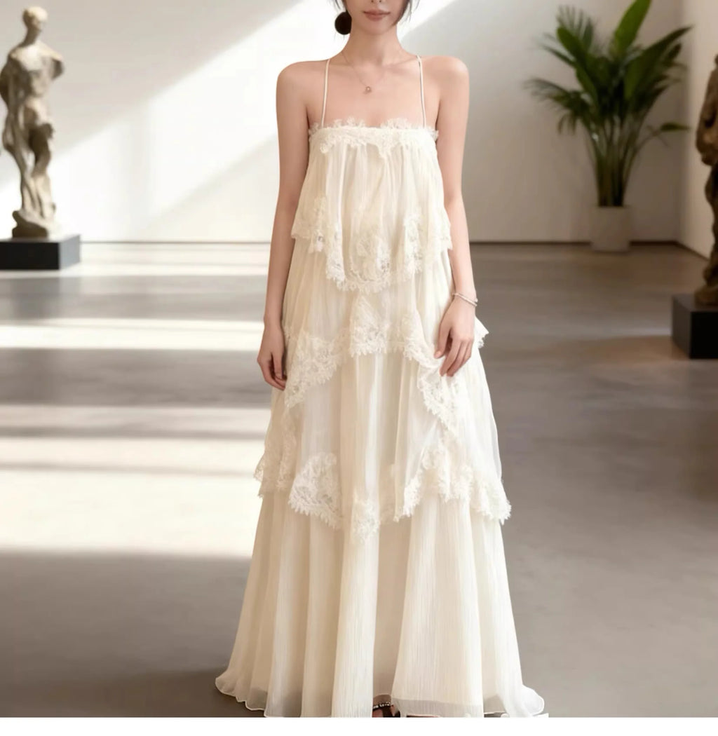Exclusive Color Dyeing Heavy Work Multi-Layer Skirt Long Dress Women's Commute Style Sleeveless Outdoor Casual Polyester Fiber