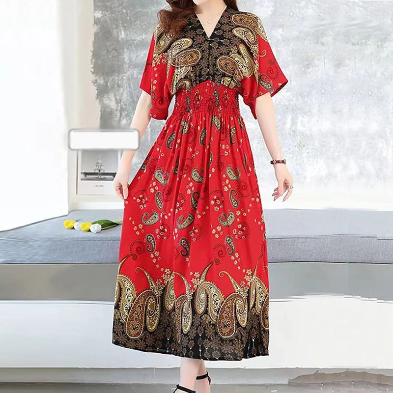 Summer New Casual Elegant Retro Bohemian Style V-neck Elastic Waist Large Swing Printed Long Skirt Autumn Summer Dress