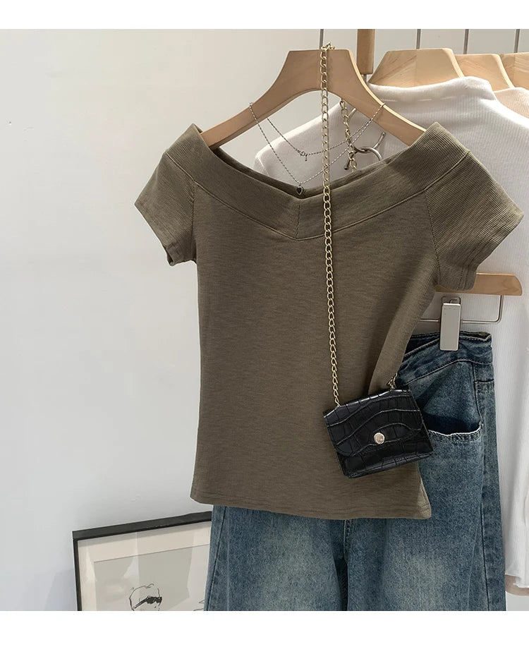 Pink Shoulder Bared Short Sleeve T Shirt Women's Summer New Style Ageless Lady Pure Desire Spicy Girl Top Simple Backless Design