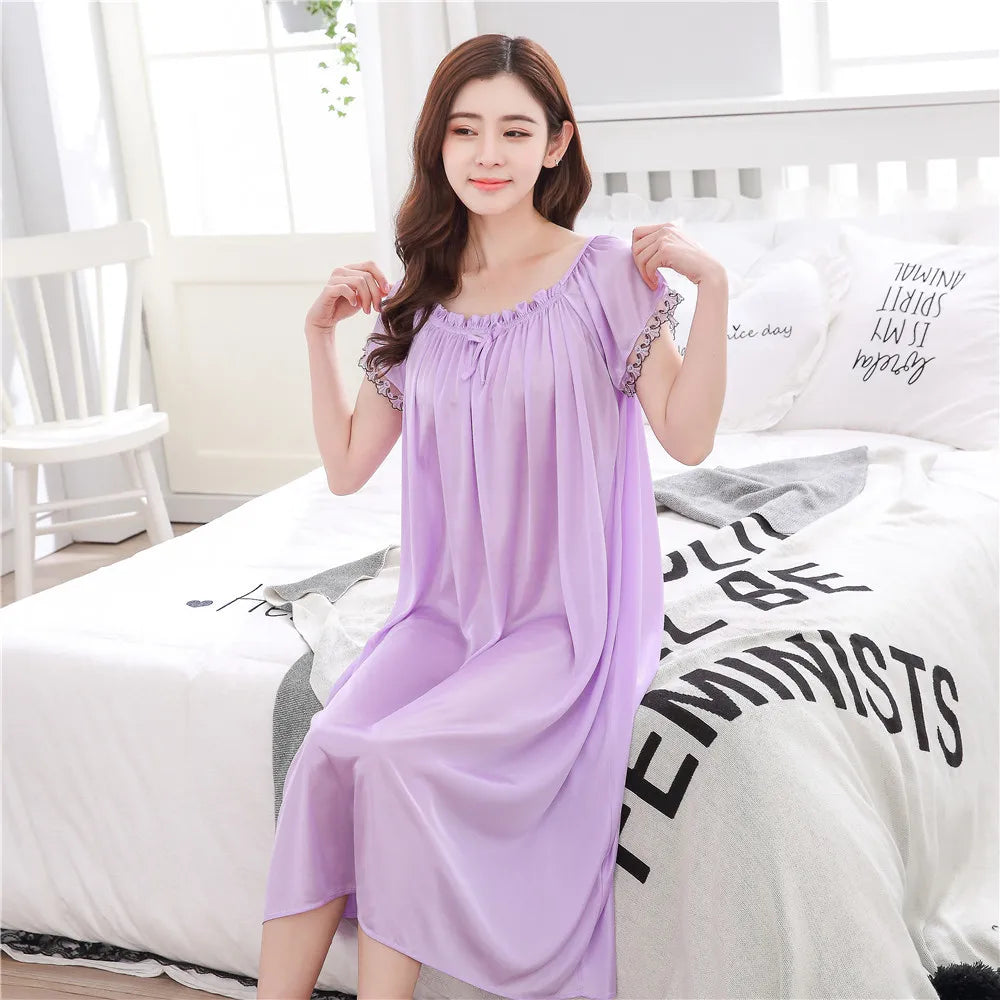 2026 New Women's Summer Imitation Silk Sleeping Skirt Multi Colored Short Sleeved Home Clothes Ice Silk Pajama Dress