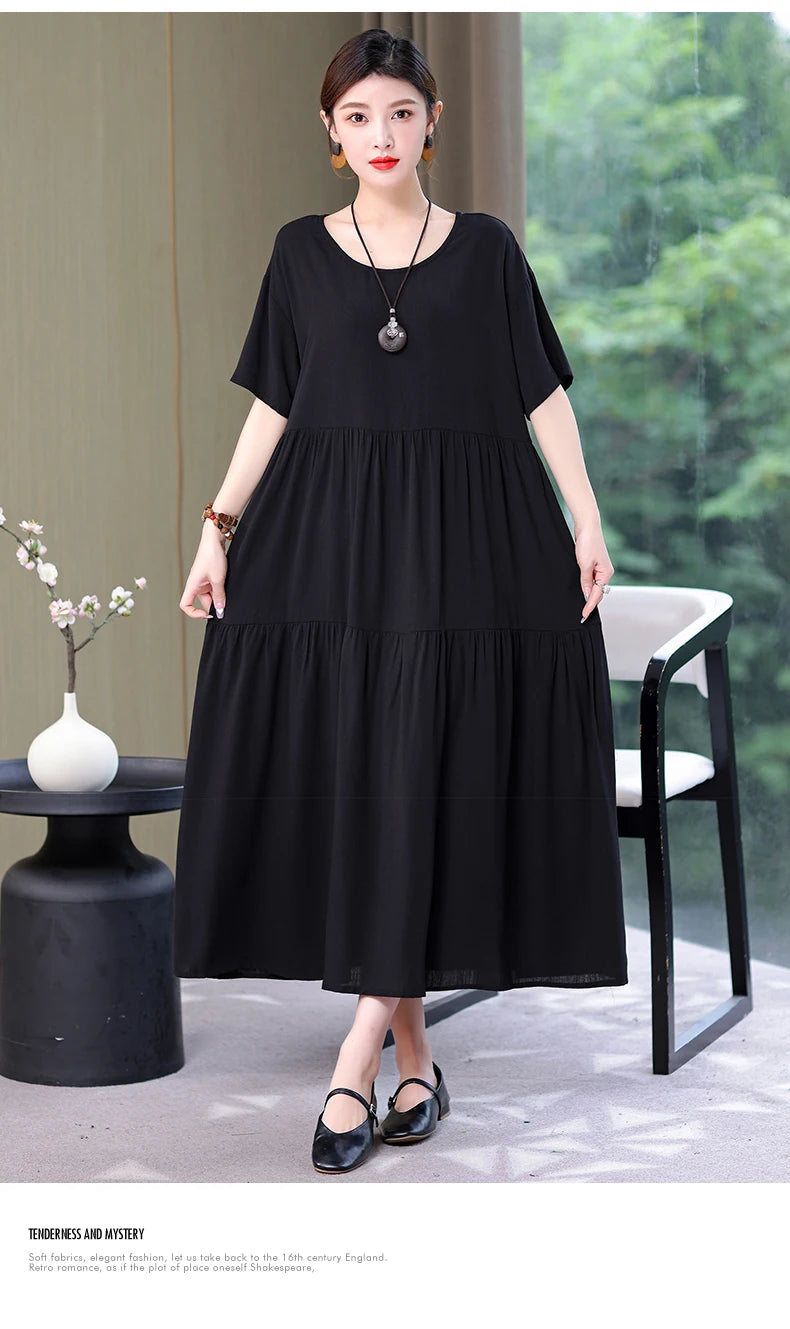 New Fashion 2023 Causal Summer Dresses For Women Loose Solid Long O-neck Dress Vintage Short Sleeve Womens Clothing