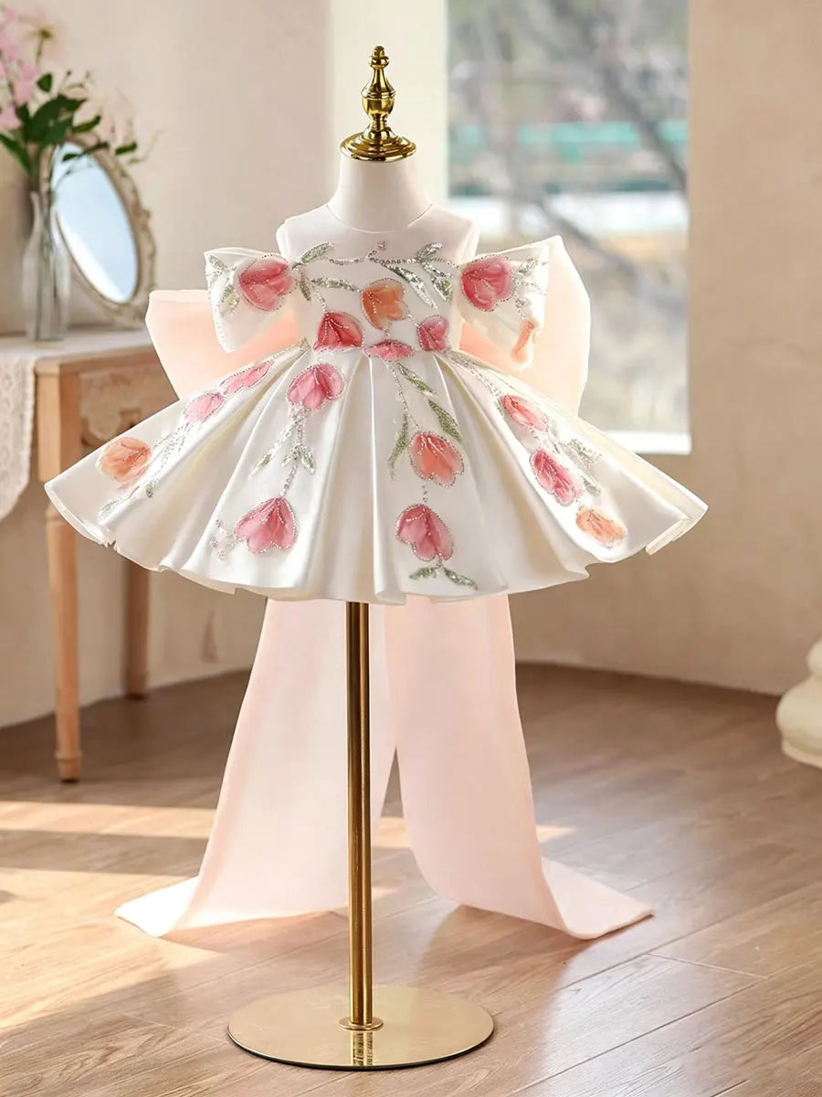Dreamy Vow D267 White Girls Dress Pink Tulip Embroidery Off Shoulder Large Bowknot Satin Flower Girl Dress Kids Wedding Party