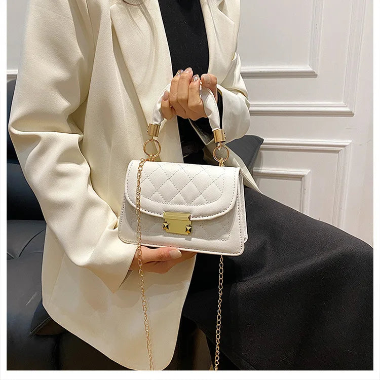 Elegant Women Quilted Top Handle Bags with Gold Chain Strap Ruched Handbag Fashion Lock Crossbody Bag Chic Mini Shoulder Purse