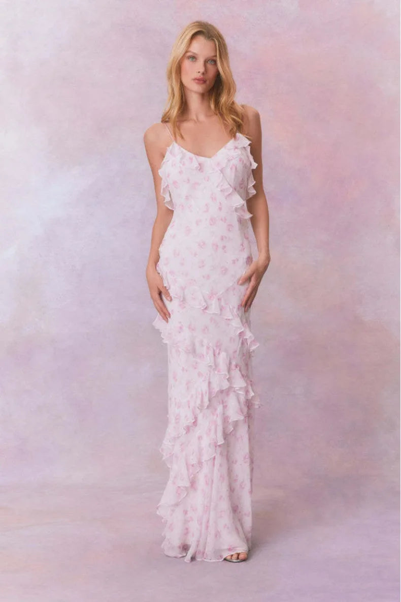 Lotus Leaf Edge French Floral Backless Dress Slim Fit Chiffon Solid Color Holiday Party Birthday Party Long Dress