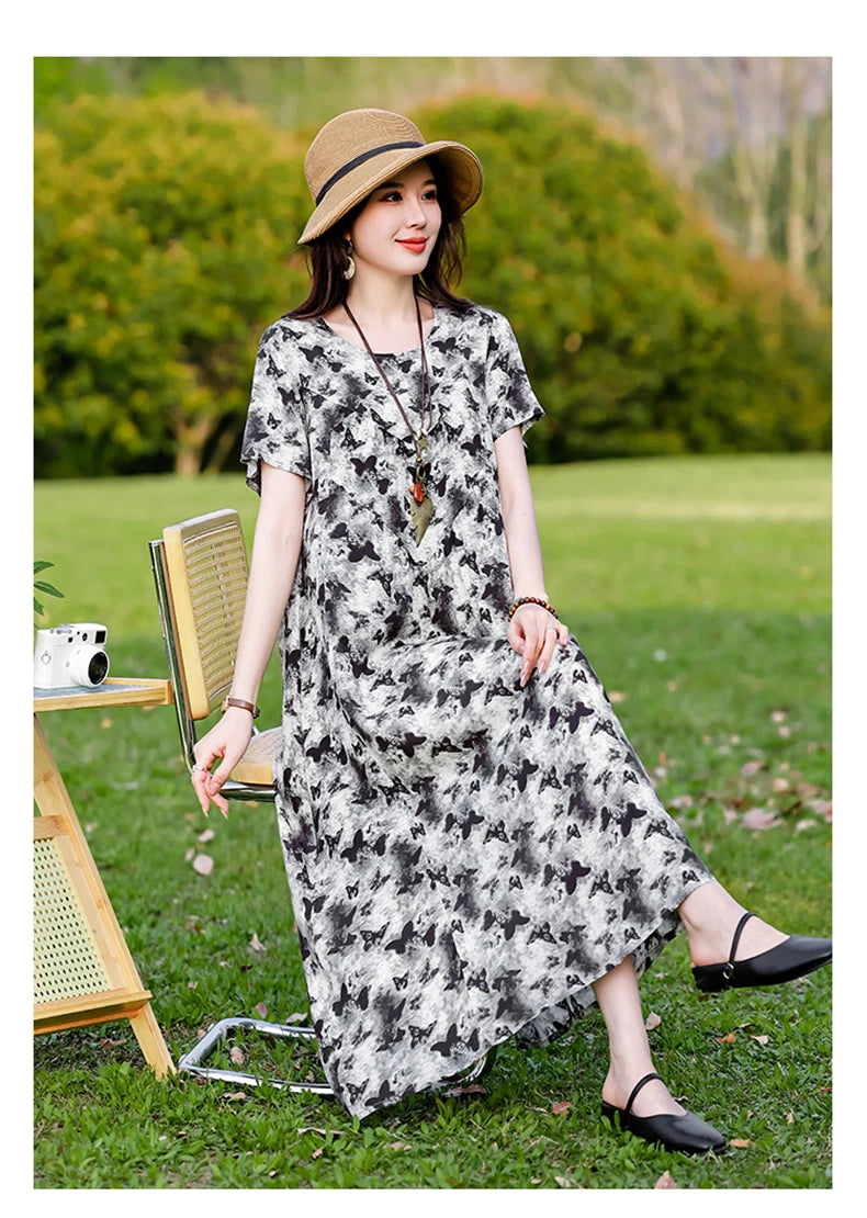 New Print plus size 2026 New Fashion Floral Printed Summer Dress Vestidos Elegant Short Sleeve Slim O-Neck Party Women clothing