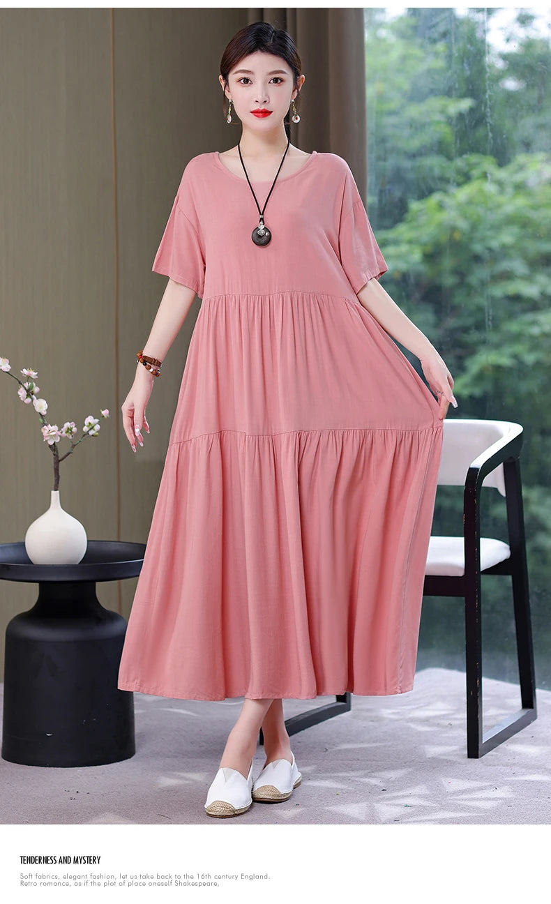 New Fashion 2023 Causal Summer Dresses For Women Loose Solid Long O-neck Dress Vintage Short Sleeve Womens Clothing