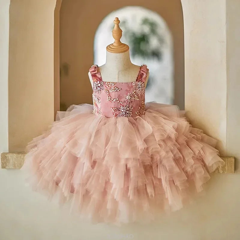 Party Dresses For Girls Vestido Children Pink Strapless Kids Tulle Tutu Gown Costume Dress Celebration Outfit Matching Birthday