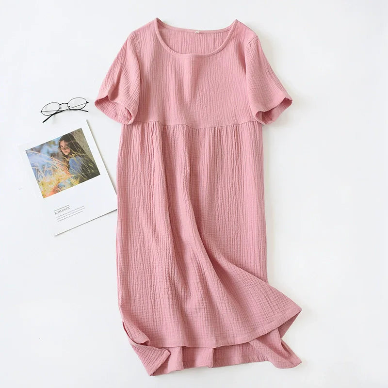 Gauze Cotton Pajama Dress Nightwear Woman Sleepwear Summer Solid Color Short Sleeve Sleeping Nightgowns Loose Night Dress