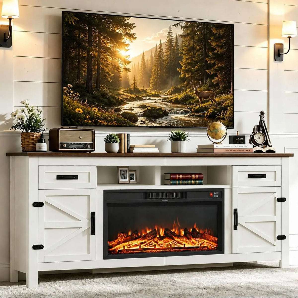80" TV Stand with Electric Fireplace, Sliding Barn Door Media Console