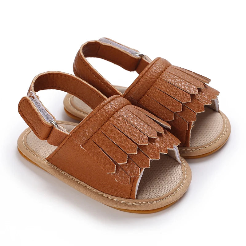 Baby Girls' Brown Leather Sandals - Soft Rubber Sole, 0-18 Months