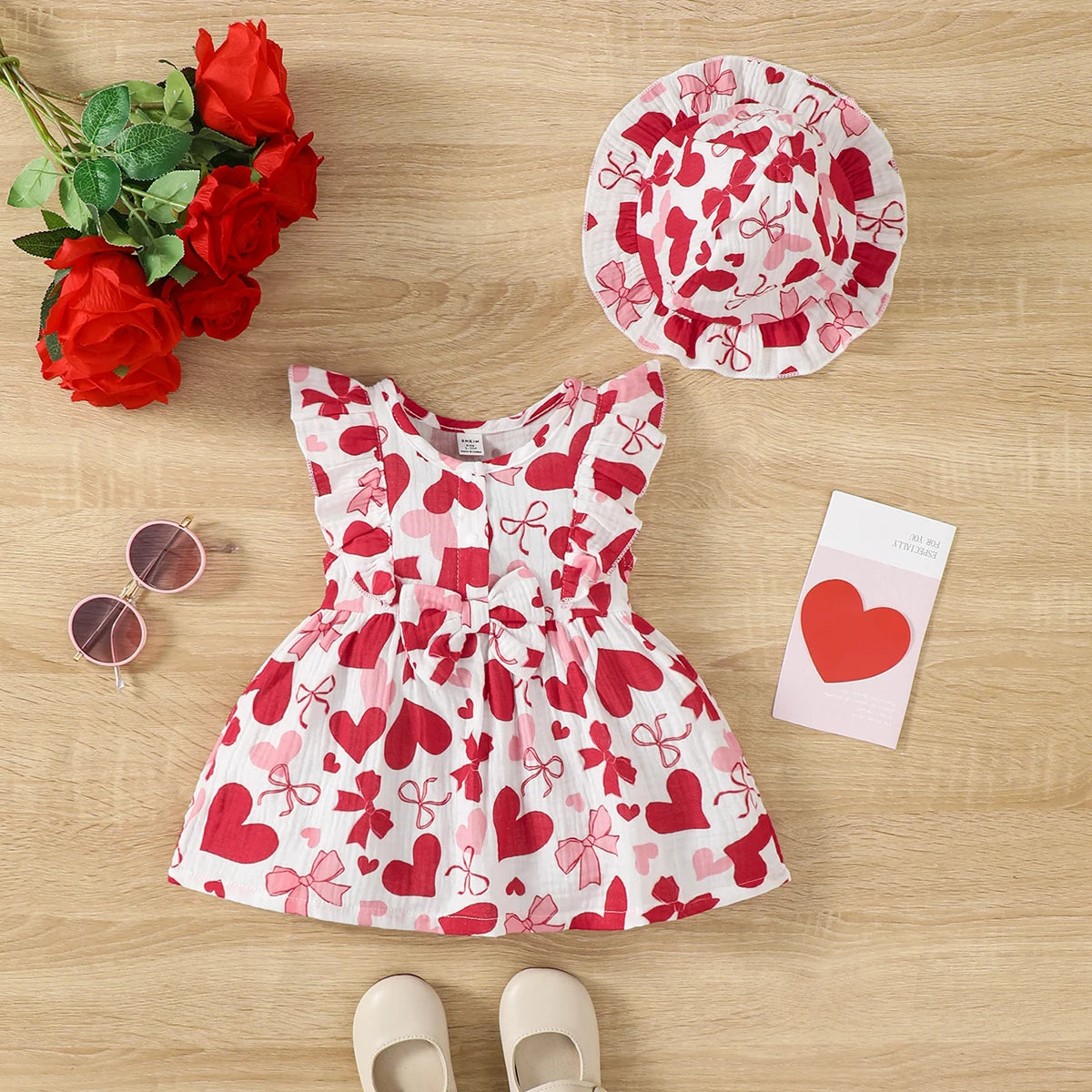 Newborn Baby Girl Dress Set With Hat Sleeveless Love Print Summer Fashion Cute Wear For 0 To 9 Months