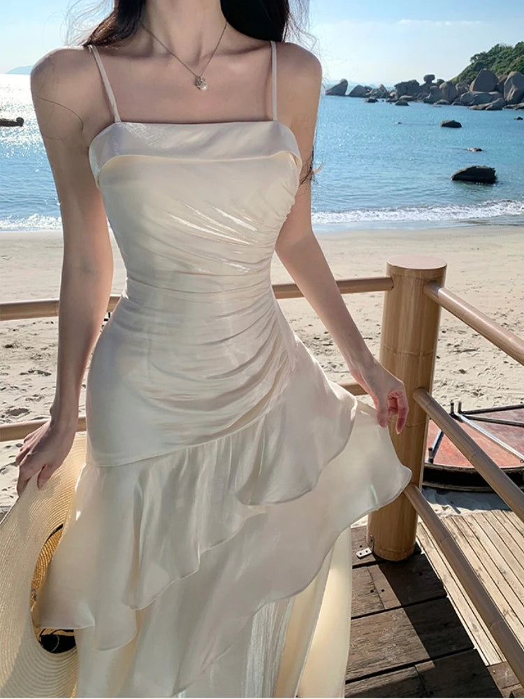 Elegant Women French Spaghetti Strap New Long Dresses Female Slim Chic Party Prom Robe Fashion One Piece Clothing Spring Summer