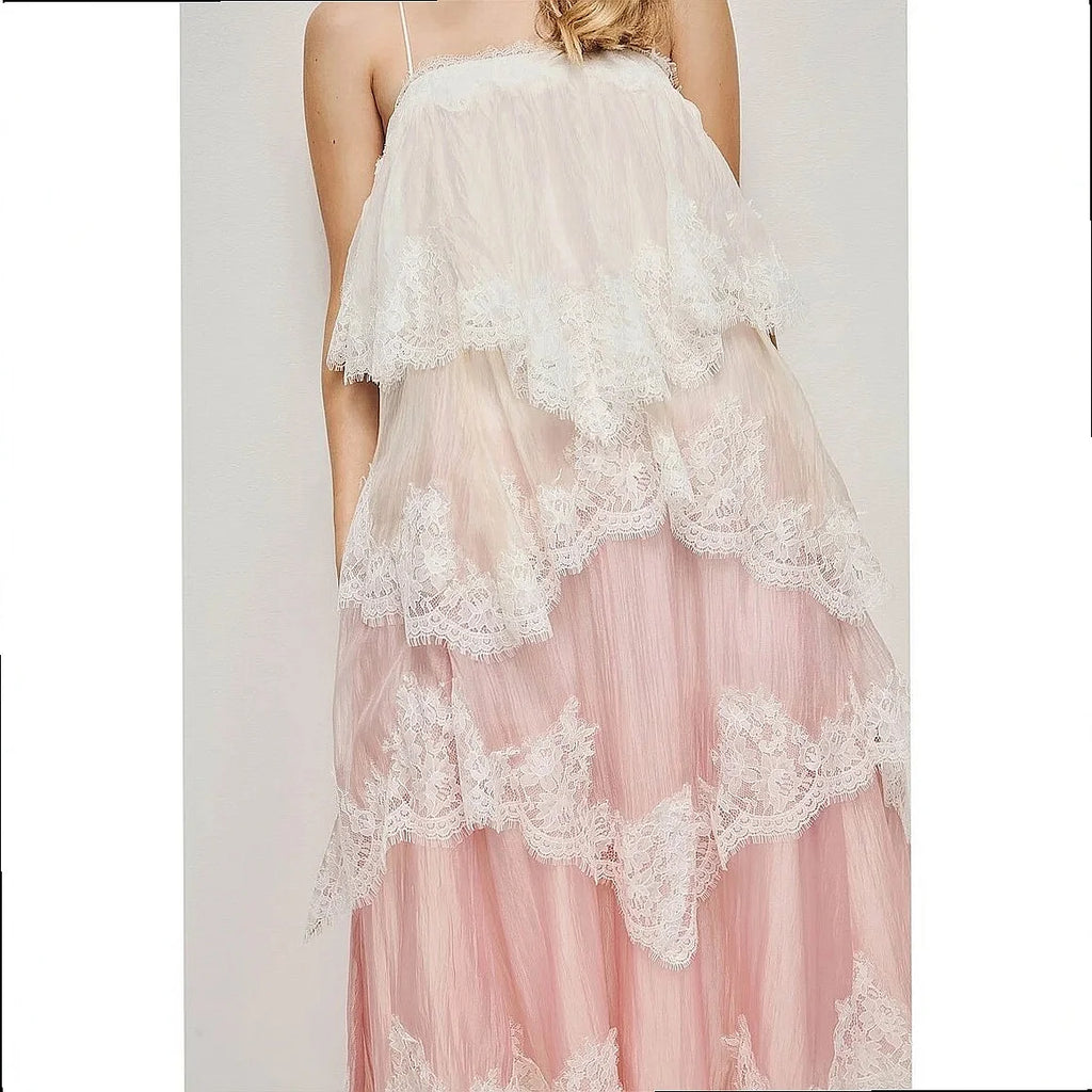 French Vintage Lace Gradient Camisole Long Dress Spring Summer Floral Maxi Dress Elegant Layered Ruffle Dress