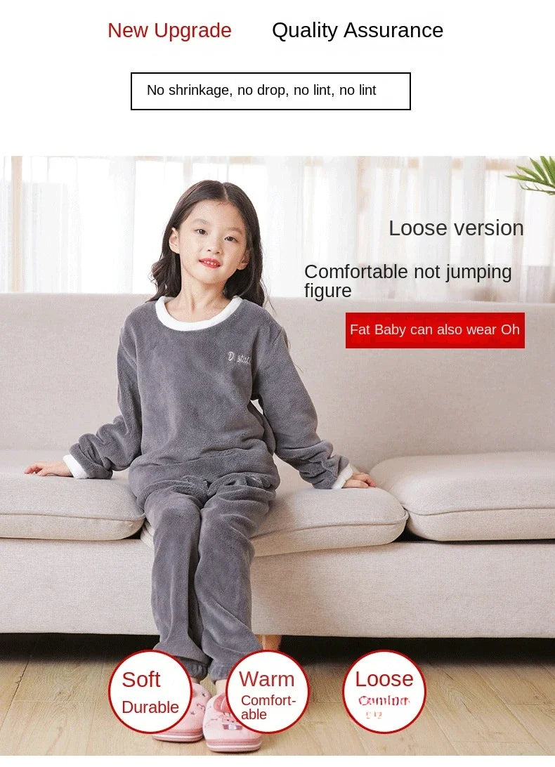 2PCS Flannel Pajama Pullover Top Winter Toddler Children Baby Coral Fleece Warm Sweatshirt Pant Boy Girl Kids Fall Sleepwear Set