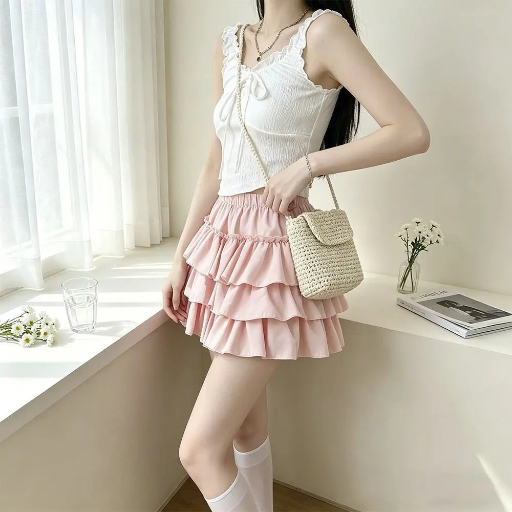 Sweet Ballet Ruffles Mini Skirt Women Ball Gown Casual Pumpkin High Waist Puffy Y2k Clothes Lolita Pleated Skirt with Shorts