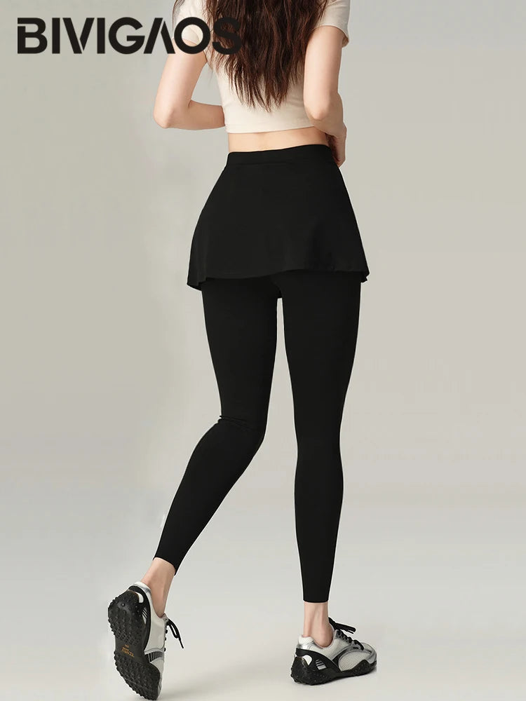 BIVIGAOS Fake Two-Piece Split Skirts Leggings Women Tennis Skirt Built-In Pockets Tight Sports Fitness Yoga Sharkskin Leggings