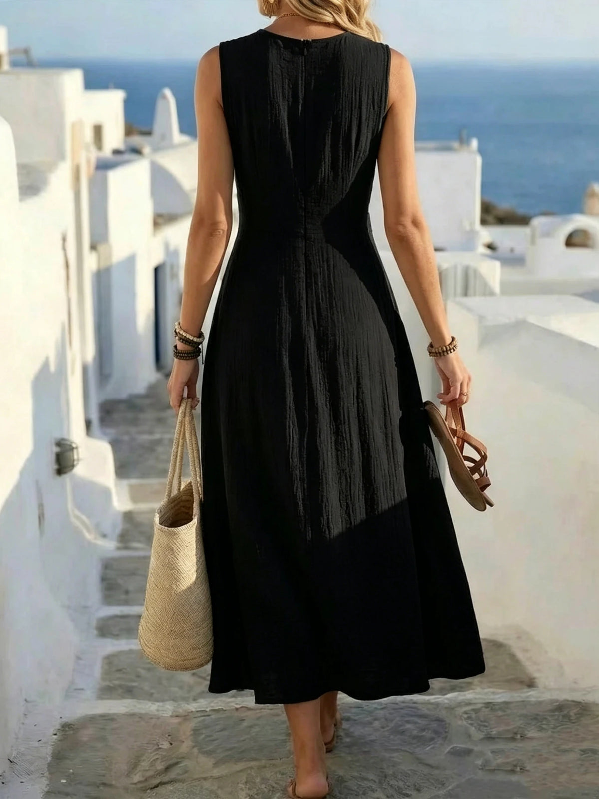 Women's Summer Fashion New Style Elegant Crossed Waistline Round Neck Sleeveless Solid Color Resort Style Maxi Dress