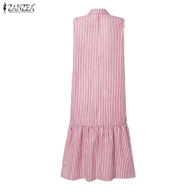 ZANZEA Elegant Women Striped Sleeveless Shirt Dress Casual Ruffle Hem Summer Holiday Button Down Office Work Midi Sundress Robe