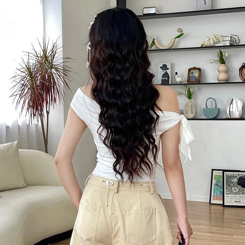 Women's Summer One-Shoulder Crop Top Asymmetric Pleated Design Backless Twist Tie Casual T-Shirt for 2025 Fashion Ins Style