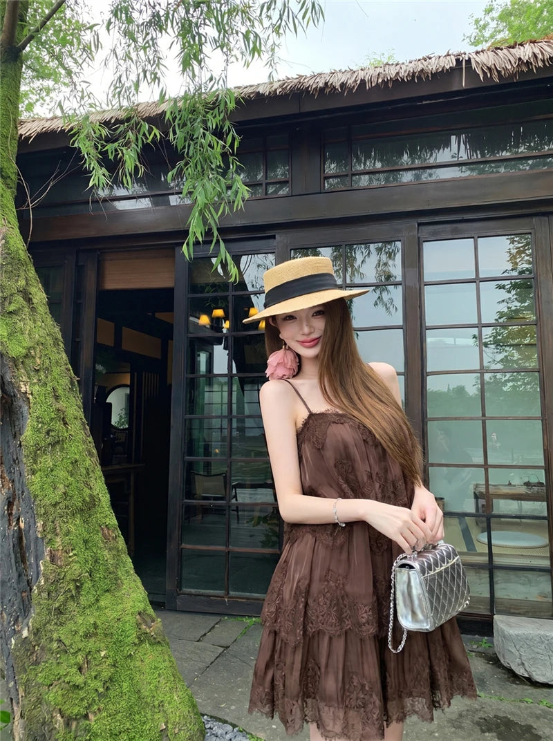 Sexy Splice Lace Heavyweight Strapless Vest Dress Loose Waist Spring Summer Autumn Sleeveless Backless City Commute Daily A-L...